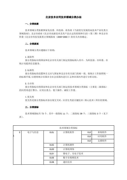 北京技术合同技术领域分类办法