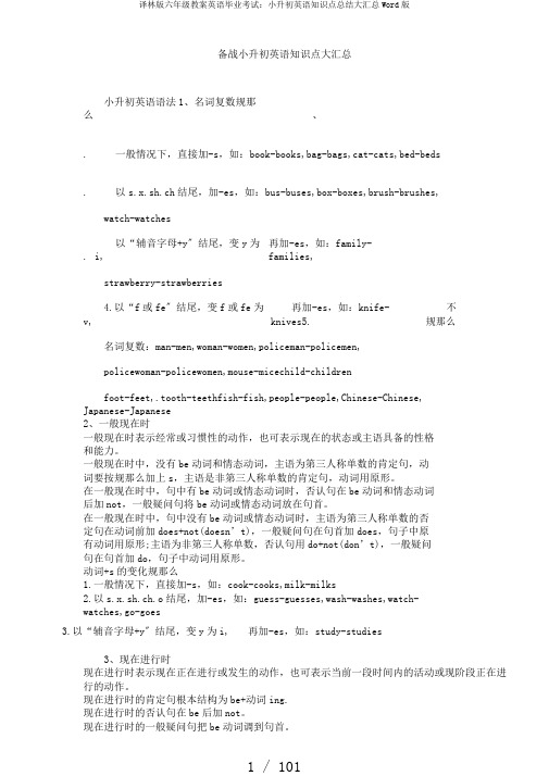 译林版六年级教案英语毕业考试：小升初英语知识点总结大汇总Word版