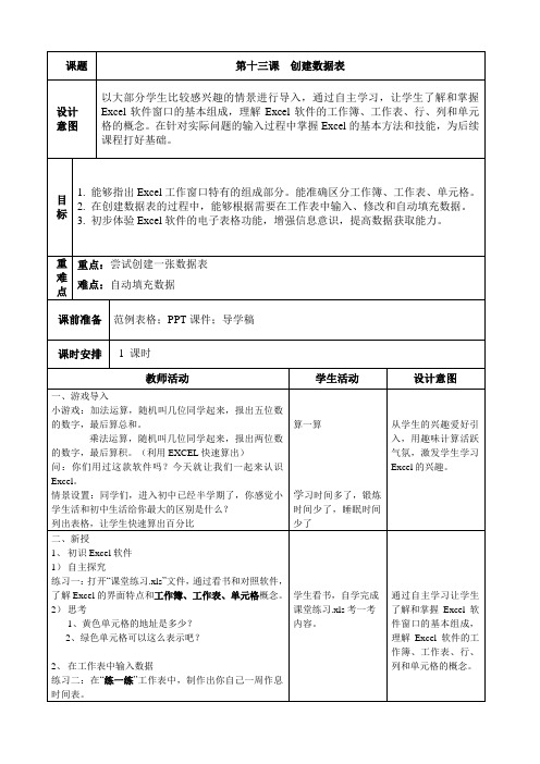 第十三课 创建数据表 教学设计(表格式)