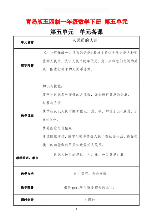 青岛版五四制一年级数学下册第五单元《小小存钱罐—人民币的认识》电子备课