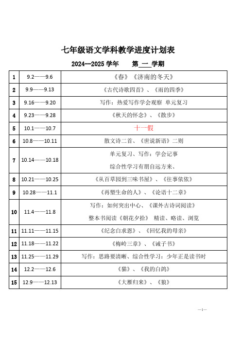 2024--2025学七年级至九年级语文教学进度计划表「含答案」