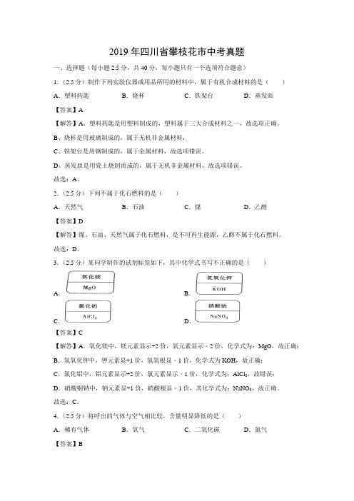 【化学】2019年四川省攀枝花市中考真题(解析版)