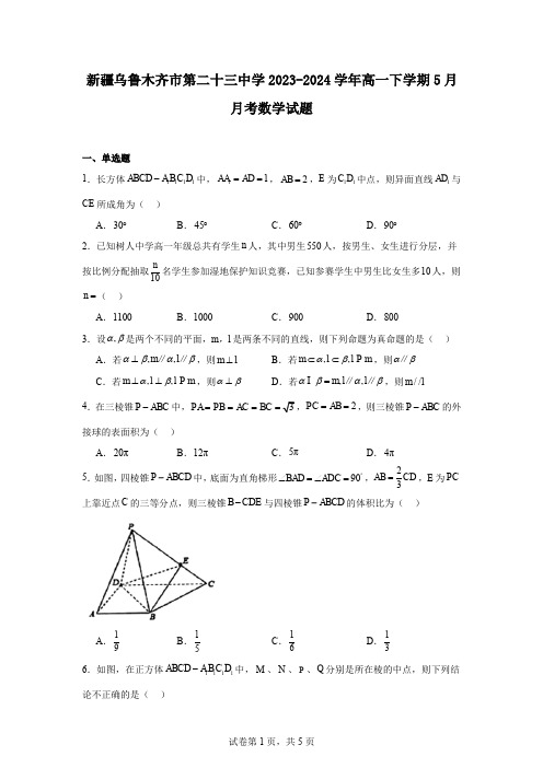 新疆乌鲁木齐市第二十三中学2023-2024学年高一下学期5月月考数学试题