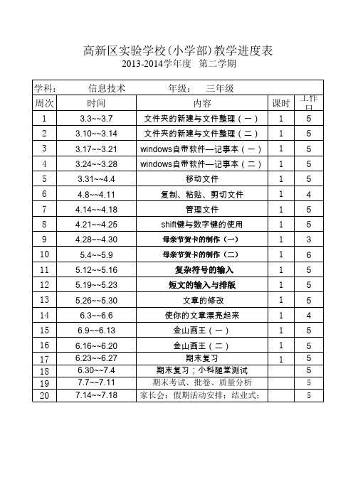 小学信息技术教学进度表样表