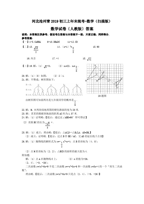 河北沧州青2019初三上年末统考-数学(扫描版)