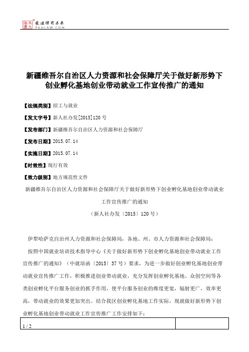 新疆维吾尔自治区人力资源和社会保障厅关于做好新形势下创业孵化