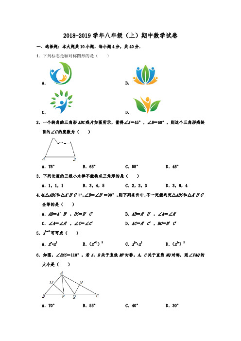 福建省厦门市同安一中2018-2019学年八年级(上)期中数学试卷  含解析