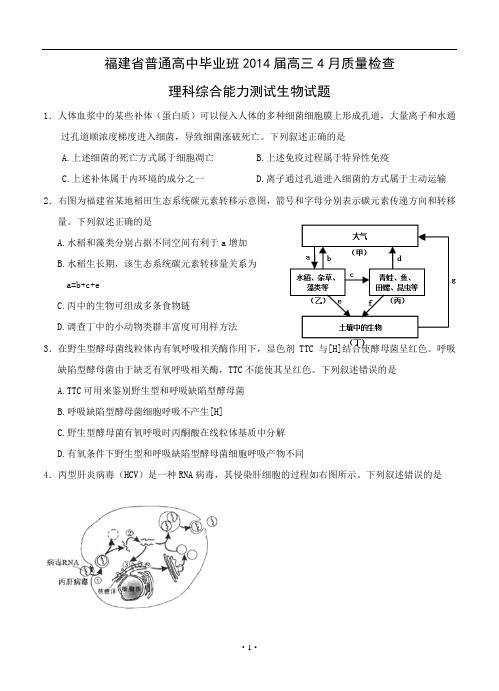 福建省普通高中毕业班2014届高三4月质量检查理综试题