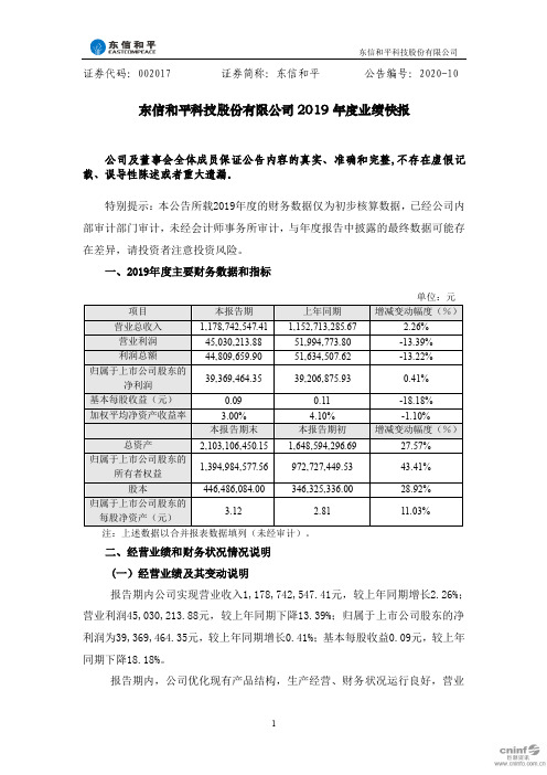 东信和平：2019年度业绩快报