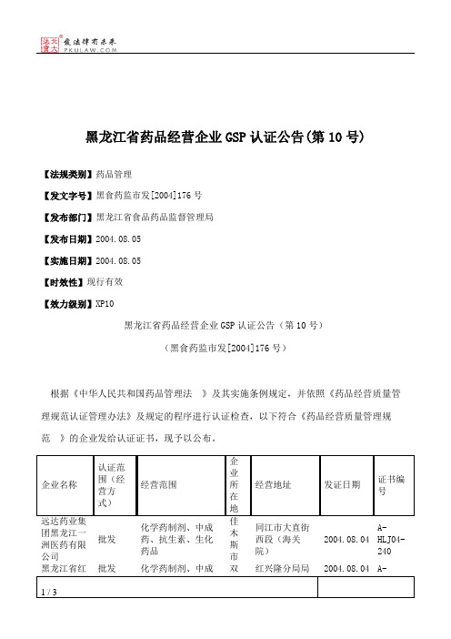 黑龙江省药品经营企业GSP认证公告(第10号)