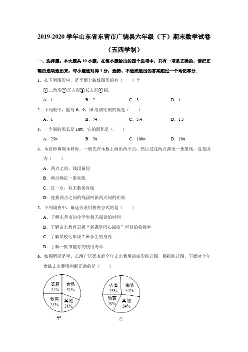 山东省东营市广饶县2019-2020学年六年级(下)期末数学试卷(五四学制)解析版