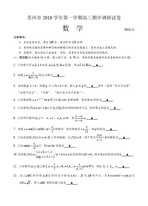 江苏省苏州市2018届高三期中调研数学试卷(含答案)