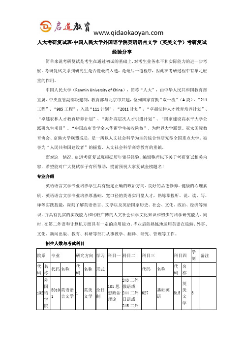 人大考研复试班-中国人民大学外国语学院英语语言文学(英美文学)考研复试经验分享