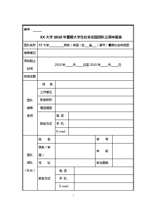 大学2010年暑期大学生社会实践团队立项申报表【模板】