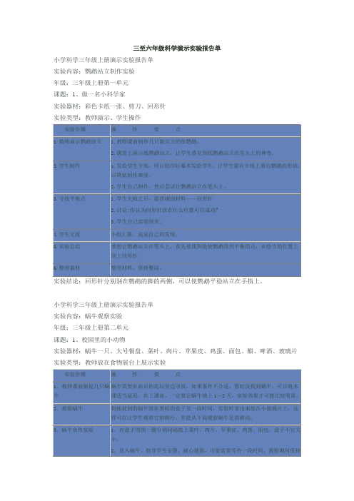 三至六年级科学演示实验报告单