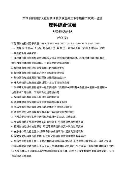 2021届四川省大数据精准教学联盟高三下学期第二次统一监测理科综合试卷及答案