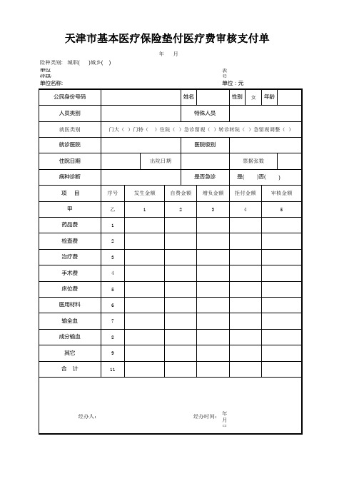 天津市基本医疗保险垫付医疗费审核支付单(津社保医支字106号)