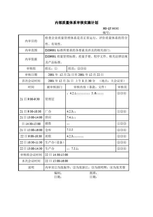 内部质量管理体系审核表格——内部质量体系审核实施计划