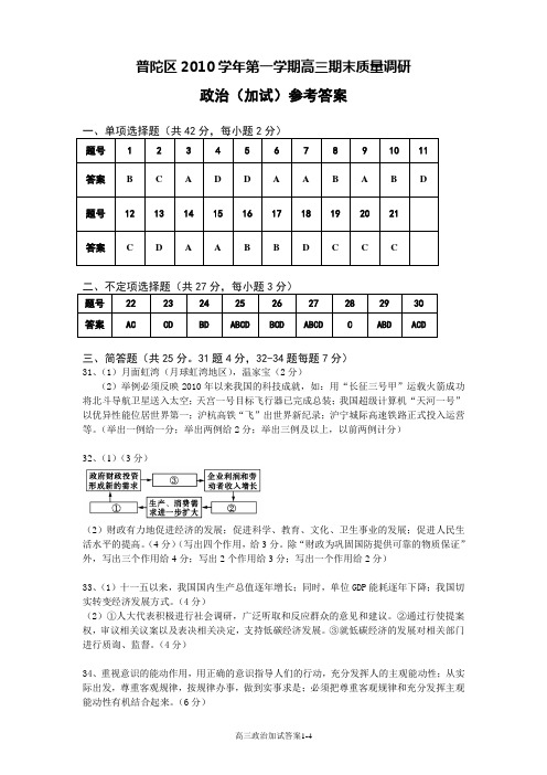 2010学年普陀区高三政治一模参考答案