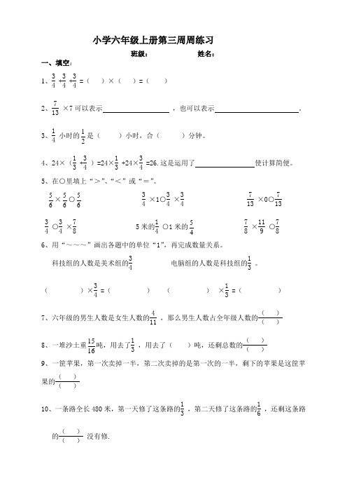 小学六年级上册第三周周练习