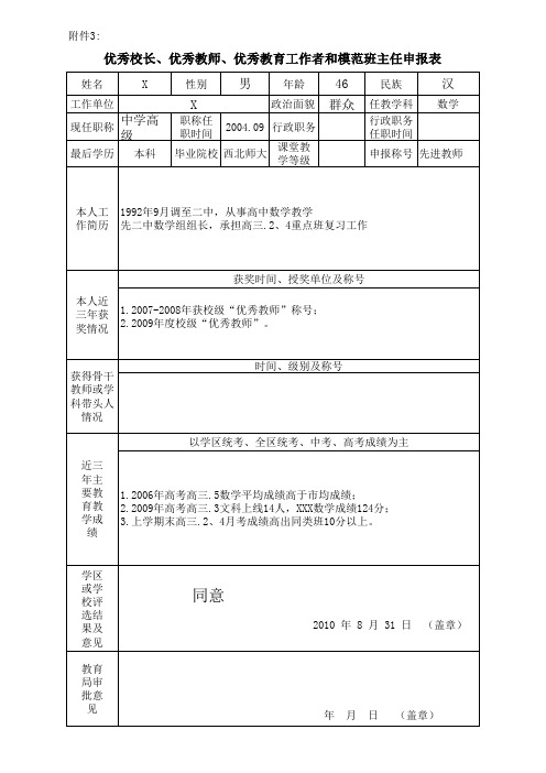 优秀教师、优秀教育工作者和模范班主任申报表