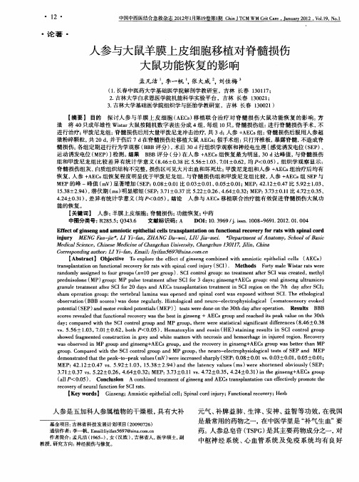 人参与大鼠羊膜上皮细胞移植对脊髓损伤大鼠功能恢复的影响