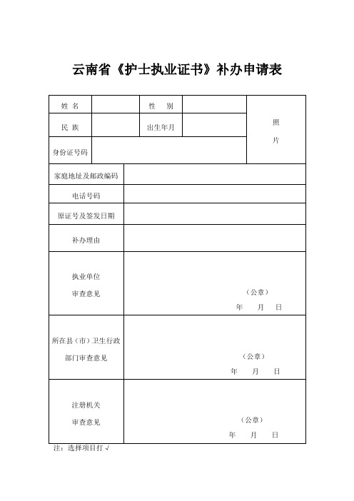 云南省《护执业证书》补办申请表