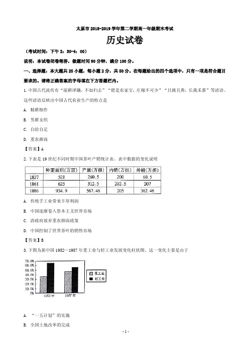 2018-2019学年山西省太原市高一下学期期末考试历史试题(PDF版)