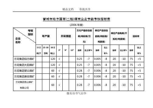 晋城市地方国有(二轻)煤炭企业节能考核指标表