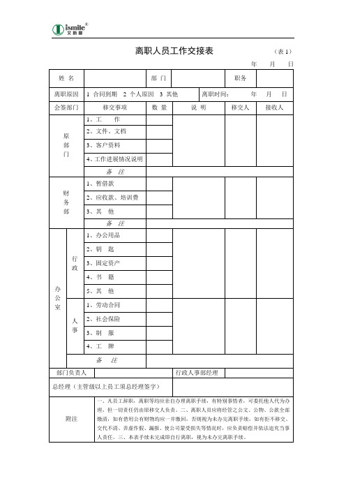 离职人员工作交接表