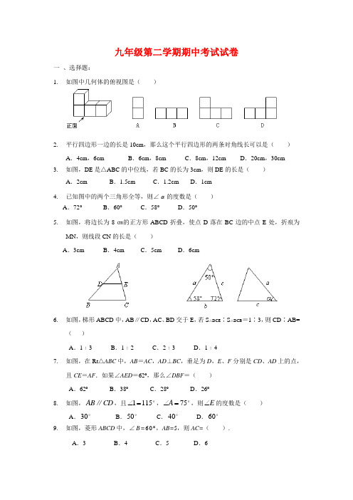 北师大版九年级数学下册中考综合模拟试卷含答案