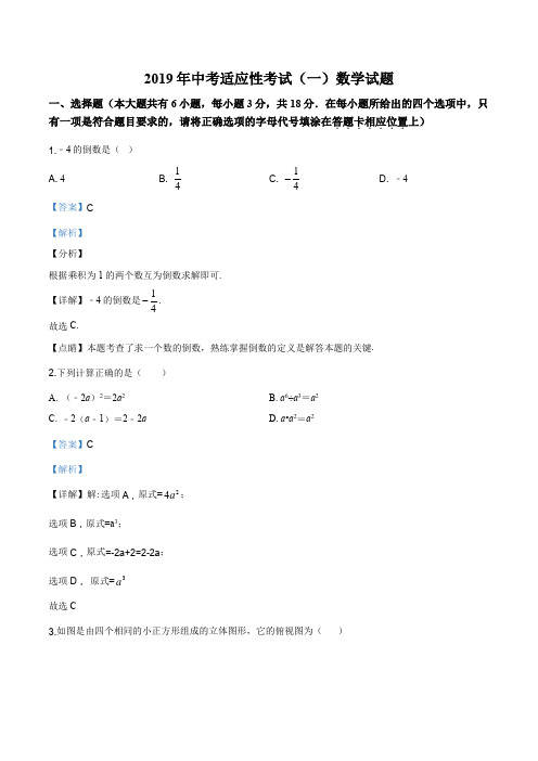 江苏省泰州市2019届九年级中考一模(期中)数学试题(解析版)