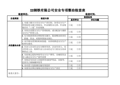 XX钢铁有限公司安全专项整治检查表