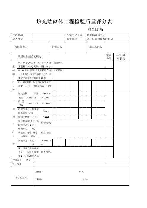 填充墙砌体工程检验质量评分表