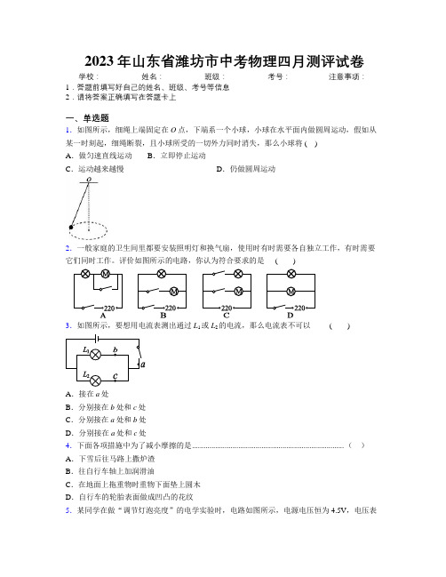 2023年山东省潍坊市中考物理四月测评试卷及解析