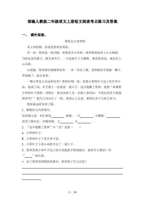 部编人教版二年级语文上册短文阅读考点练习及答案