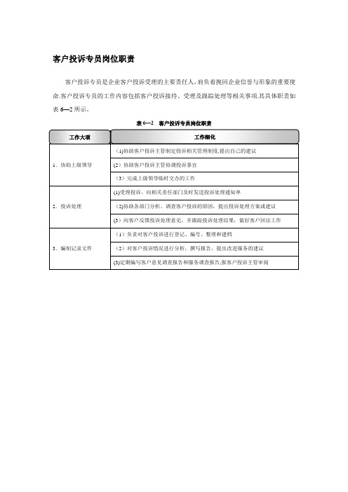 客户投诉专员岗位职责