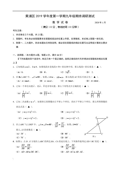 2019-2020学年上海市黄浦区初三数学一模(试卷+参考答案)