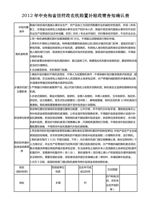 2012年中央和省级财政农机购置补贴政策告知确认表