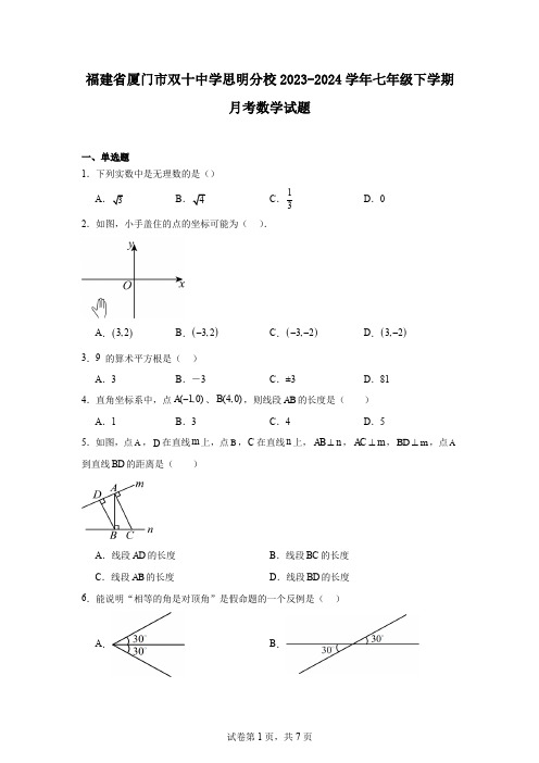 福建省厦门市双十中学思明分校2023-2024学年七年级下学期月考数学试题