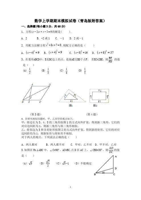 青岛版九年级数学期末测试题及答案