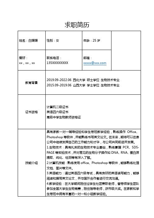 生物技术领域相关岗位求职简历