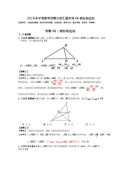 (完整版)2019年中考数学试题分类汇编专项46相似和位似,推荐文档