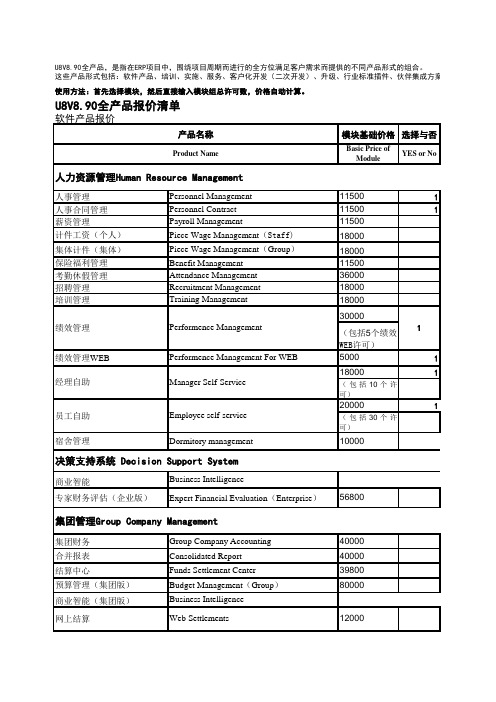 用友U8最新版人力资源报价单