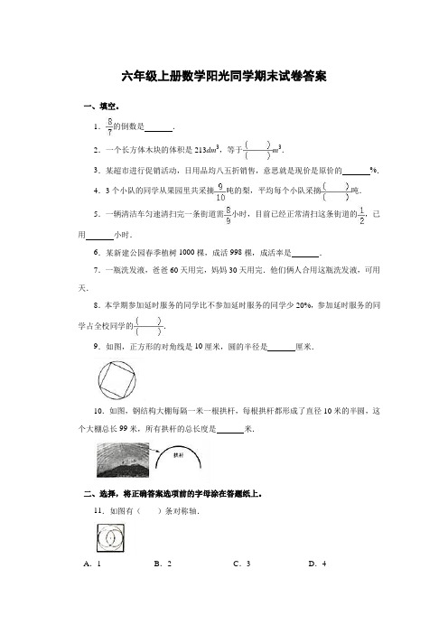 六年级上册数学阳光同学答案人教版