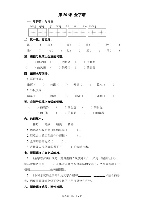 部编版五年级下册语文一课一练-第20课 金字塔(含答案)