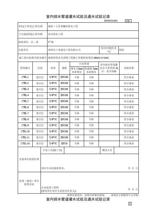 室内排水管道灌水试验及通水试验记录