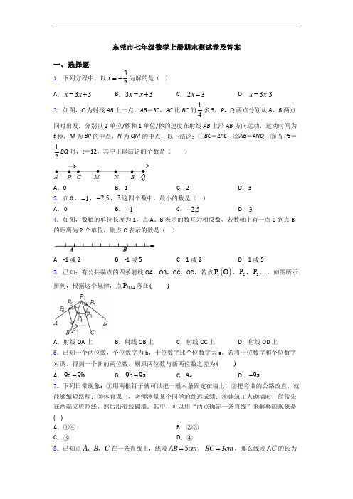 东莞市七年级数学上册期末测试卷及答案