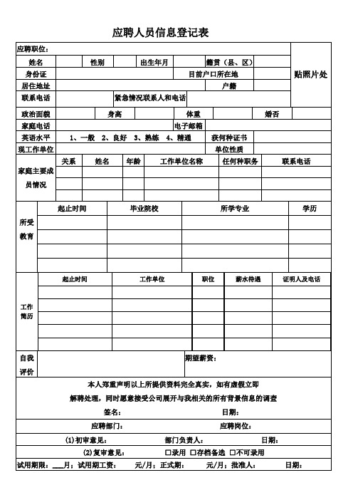 面试人员应聘表