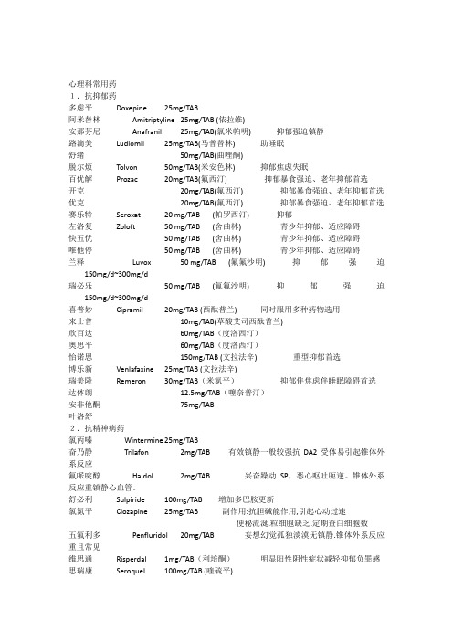 心理科常用药物